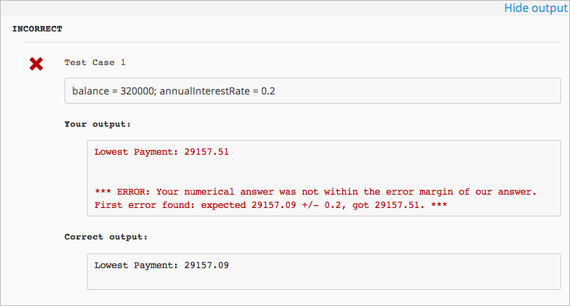 Image of a learner's view of a programming problem that uses an external grader, with an incorrect result