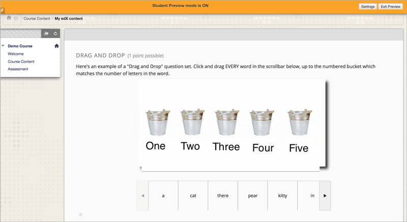 An edX drag and drop problem shown as part of a course running on a Blackboard system.