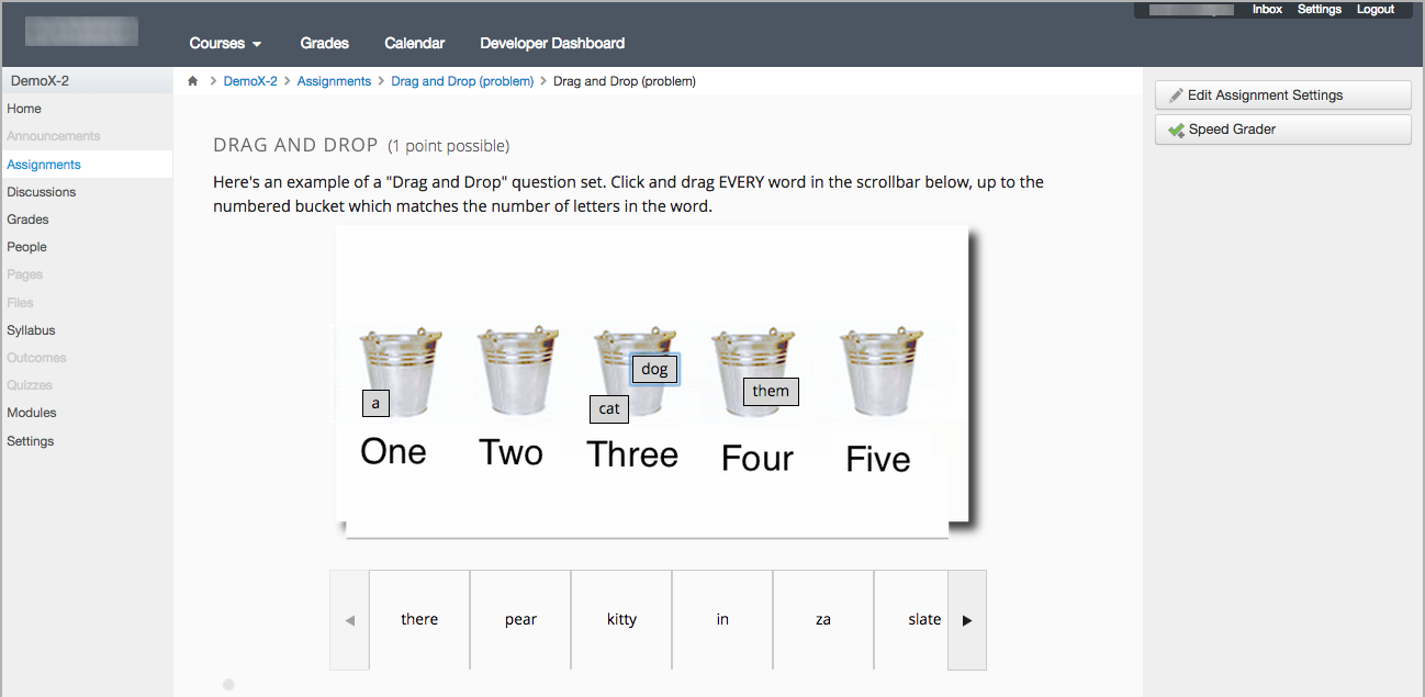 An edX drag and drop problem shown as part of a course running on a Canvas system.