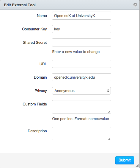 The Canvas page where you enter identifying values for the edX host site as a LTI tool provider.