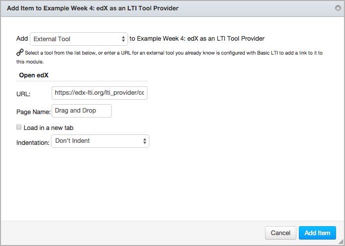 The Canvas page where you add an external tool and supply the LTI URL.