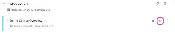 Part of a course outline showing a subsection with the Delete icon circled.