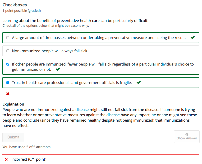 An example checkbox problem in the LMS. This problem was incorrectly answered because the learner selected only two of the three required answer options. An explanation appears below the answer options because the learner also selected "Show Answer".