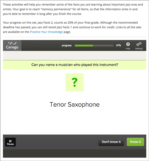 A page in the LMS showing the Cerego music player and a question for learners to answer about it.