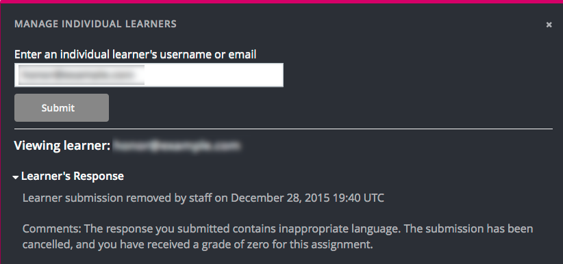 In Manage Individual Learners, the date, time and comment for removal of a learner response is shown instead of the original response.