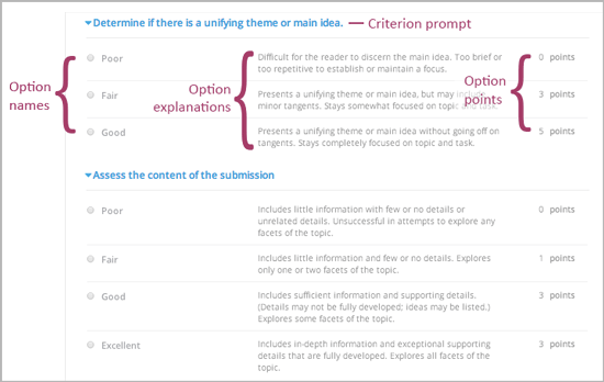 Image of a rubric in the LMS with call-outs for the criterion prompt and option names, explanations, and points.