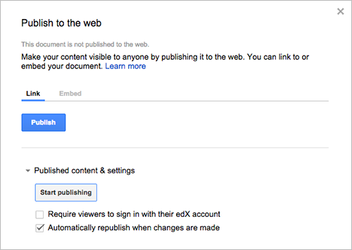 The Google Drive file Publish to the web dialog box.