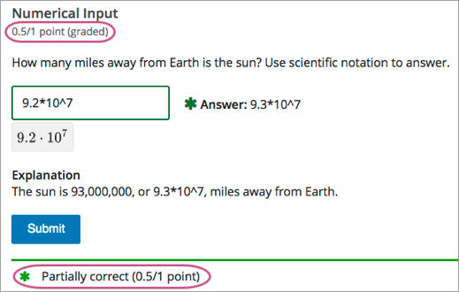 A numerical input problem with partial credit for a close answer.