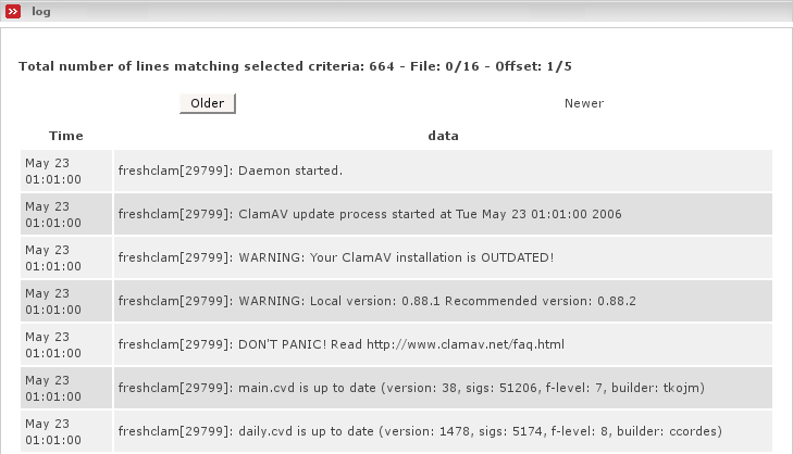 Displays clamav log viewer
