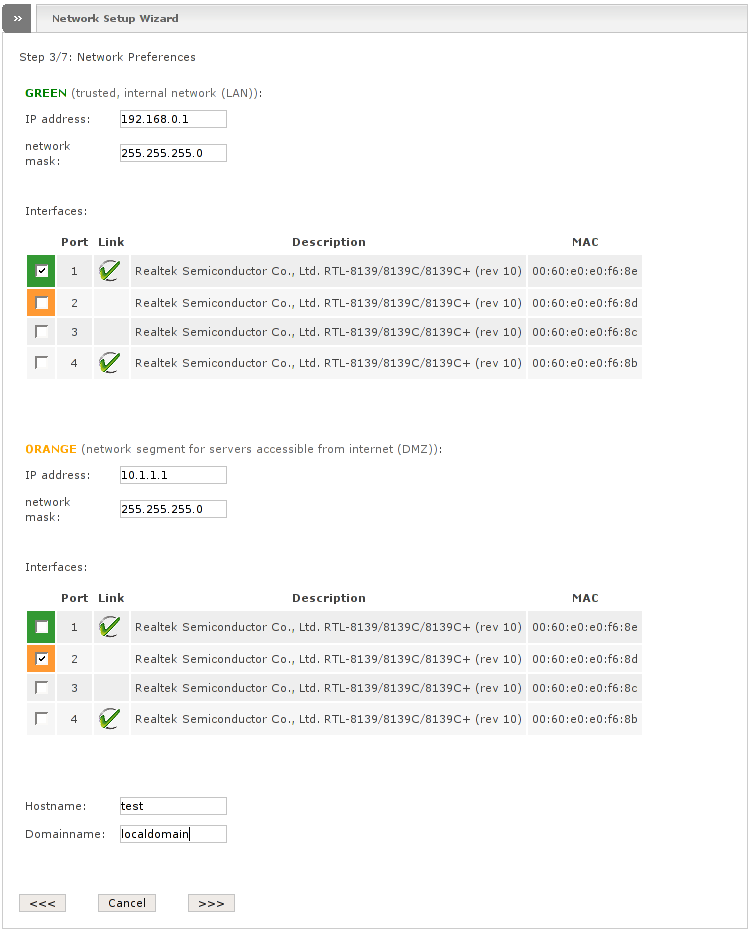 Network wizard showing Step 3: Network preferences