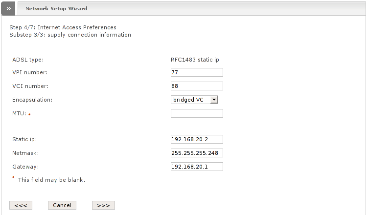 Network wizard showing step 4 with RED type ADSL: Substep 3: Supply connection information (RFC1483 static ip)