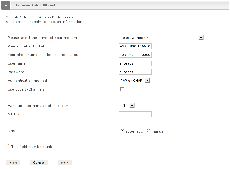 Network wizard showing step 4 with RED type ISDN: Internet Access Preferences