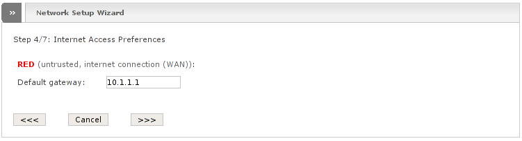 Network wizard showing Step 4: Internet Access Preferences for RED type NONE