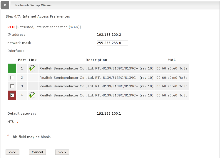 Network wizard showing step 4 with RED type ETHERNET STATIC: Internet Access Preferences