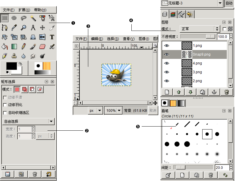 该屏幕截图是 GIMP 的标准窗口