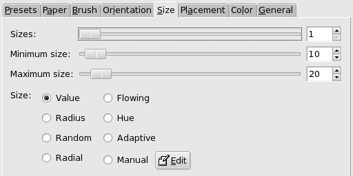 Size tab options