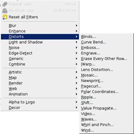 The Distort filters menu