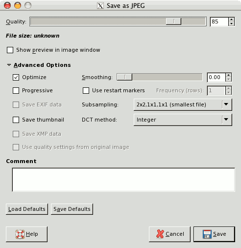 The JPEG Save dialog