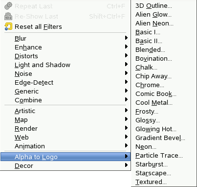 The Alpha to Logo filters menu