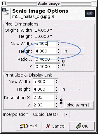 Dialog for Image Scaling in Inches