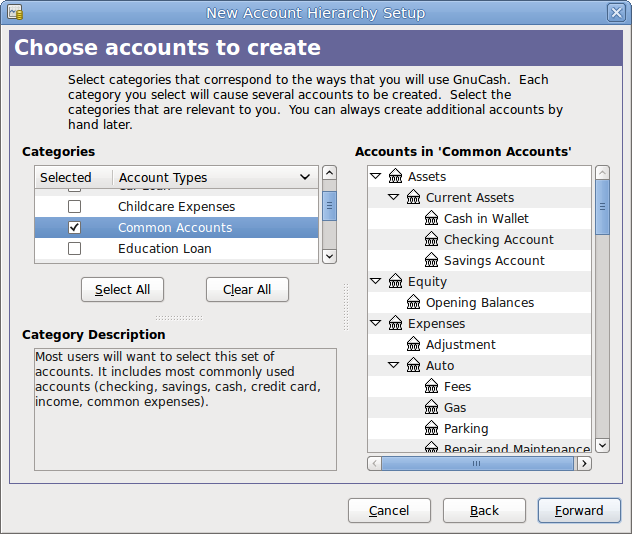 The New Account Hierarchy Setup assistant - Choose accounts