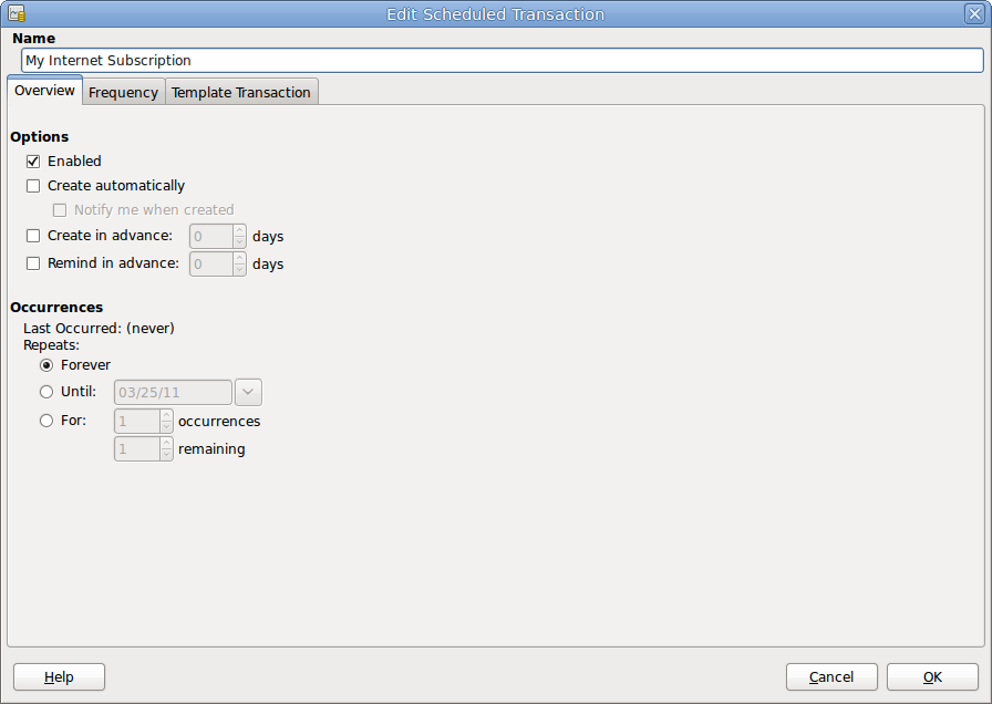 Edit Scheduled Transaction — Overview tab