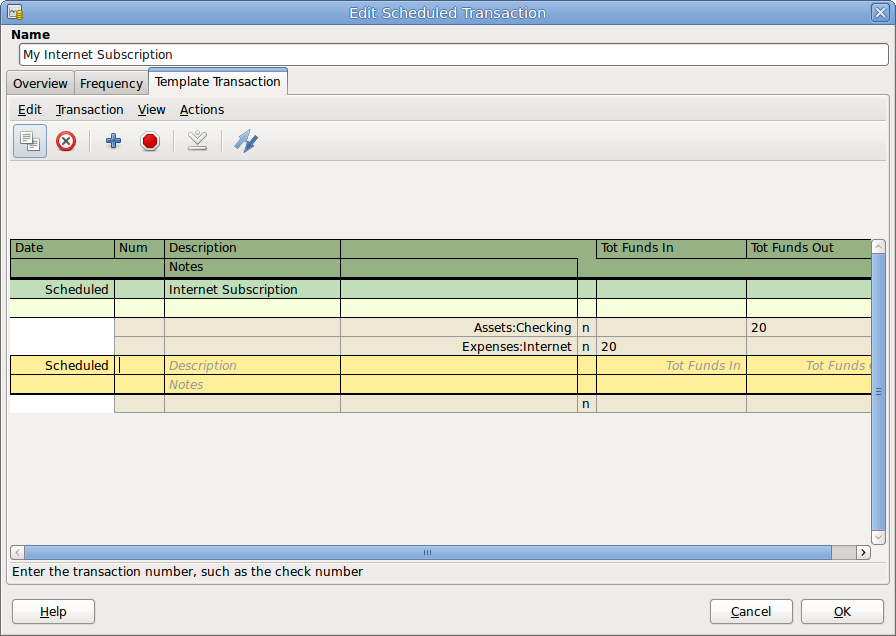 Edit Scheduled Transaction — Template Transaction tab