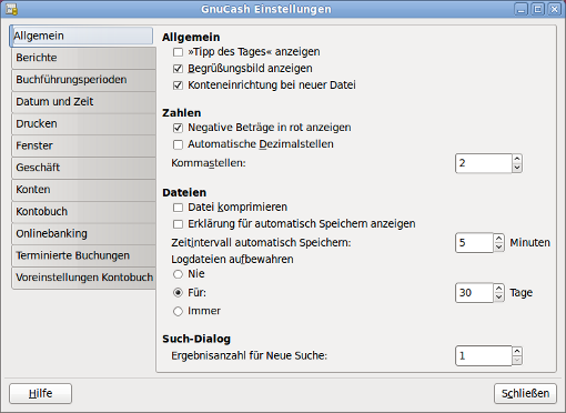 GnuCash Einstellungen - Allgemein