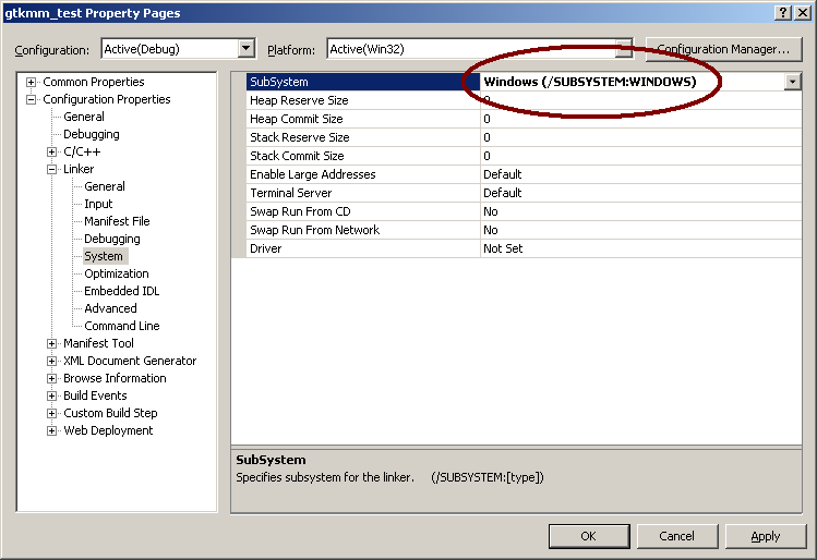 Setting the Subsystem to Windows to disable the console.