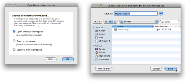 The OM dialogue window allows to choose or create a workspace. A name and location are chosen by the user when creating a new workspace.