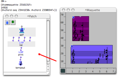 This synthesis patch prints the list returned by the Maquette Self Input : its reference, duration, TemporalBoxes references, and the objects contained in the TemporalBoxes.