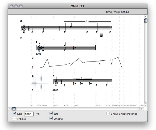 The spacing of the grid units (here, of 1000ms = 1s) is optimized depending on the graphical constraints of the objects in the score.