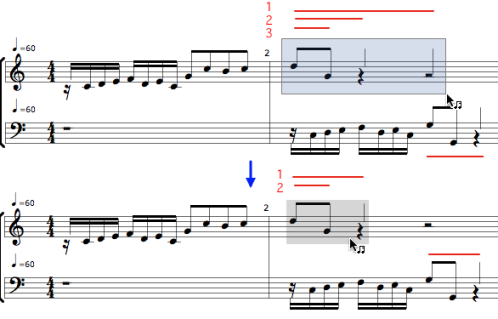 The second mesure of the first voice shows three groups levels nested within each other.