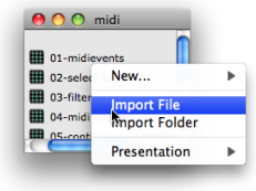 Importing a file to the Midi folder of the OMWorkspace using the contextual menu.