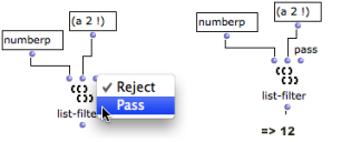 The list-filter function has three arguments : the numberp predicate, a list and an action (pass or reject). Here, it passes numbers only (pass + numberp) and returns (2).