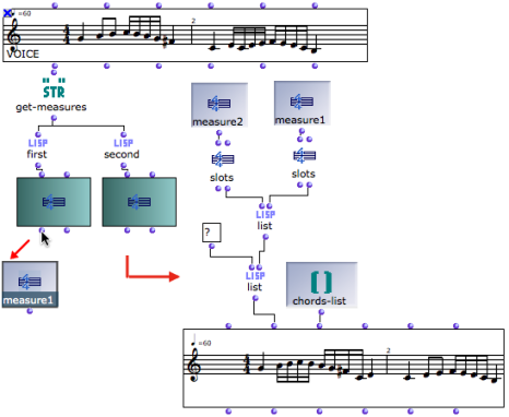 Switching the chords and rhythms of two measures using measure instance boxes.