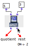 Om// performs an euclidean division : its first output returns a quotient, its second output returns a rest. The evaluation of the "rest" output necessarily triggers the evaluation of the whole function.