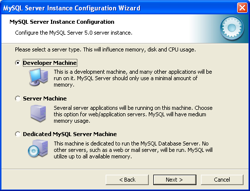 MySQL Server Instance Configuration Wizard:
          Server Type