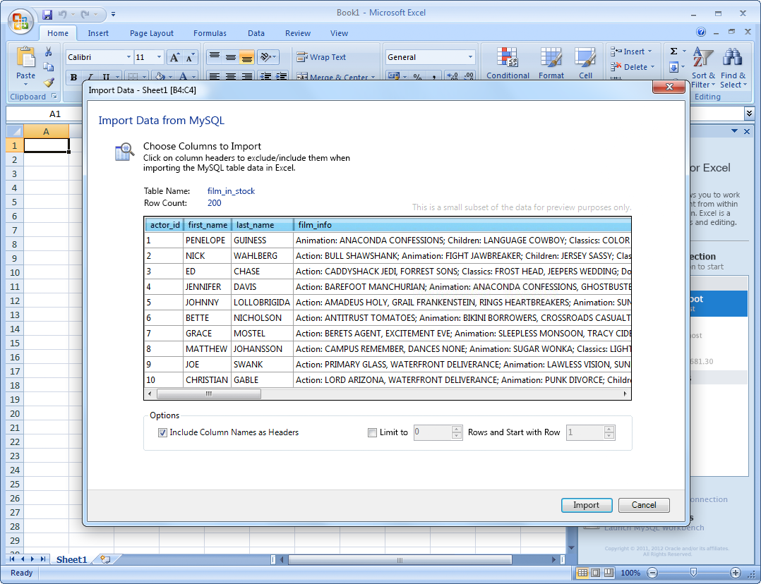 Importing table data with MySQL for Excel