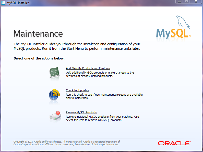 MySQL Installer - Maintenance Screen