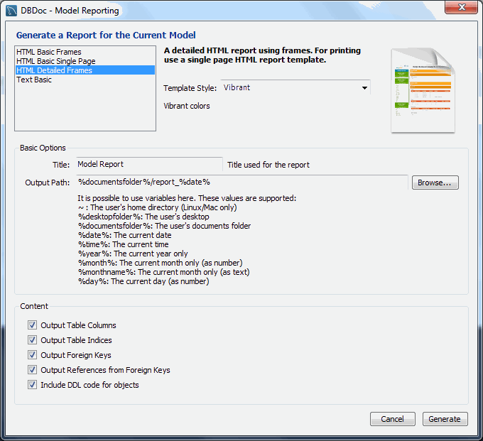 The DBDoc Model Reporting main wizard