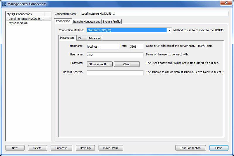 Standard (TCP/IP) Connection: Advanced Tab