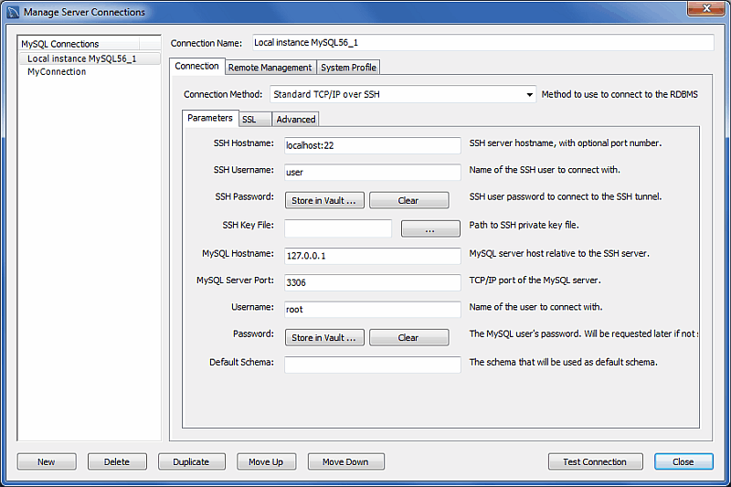 Manage DB Connections - SSH Parameters