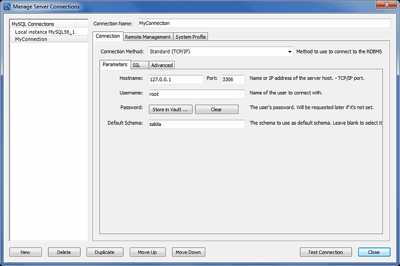 Manage Server Connections: Connection Tab