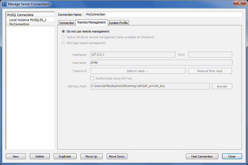 Manage Server Connections: Remote Management Tab