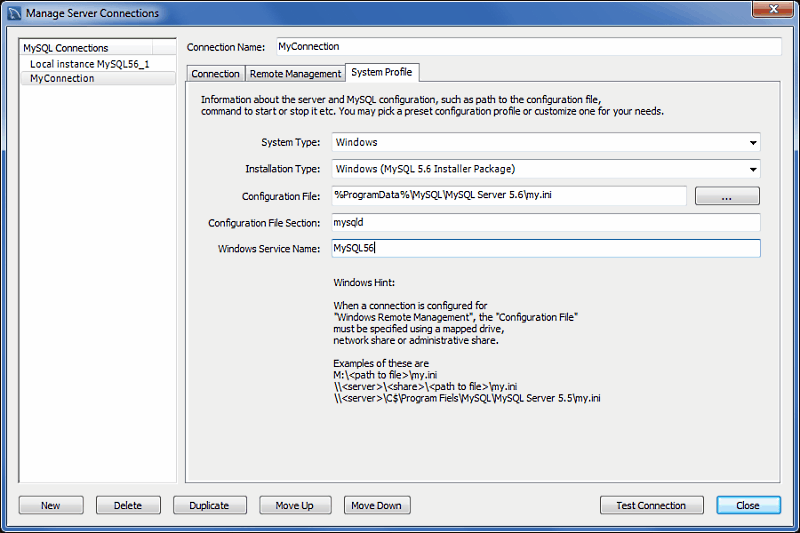 Manage Server Connections: System Profile Tab