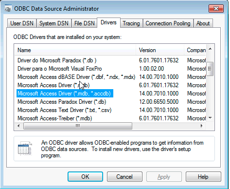 Checking the ODBC Drivers for Access Support