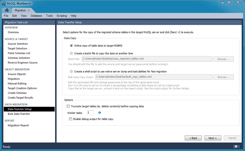 MySQL Workbench migration: Data Transfer Setup