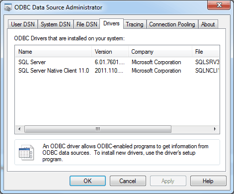 Windows ODBC Data Source Administrator: SQL Server Drivers