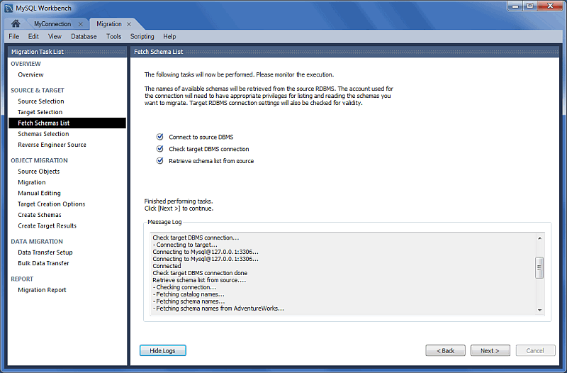 MySQL Workbench migration: Fetch Schemata List